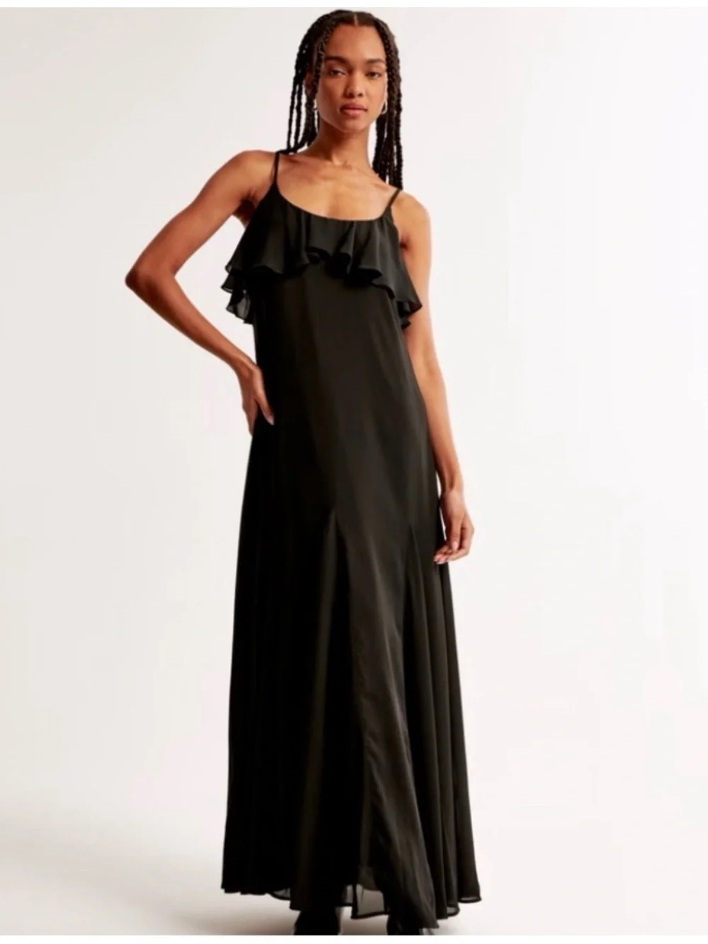 Abercrombie & Fitch Ruffle Maxi Dress Size Medium Taupe Tan Flowy Sleeveless